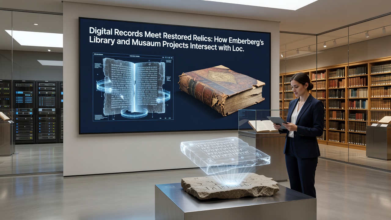 Students examining restored relics while using digital tablets linked to Emberberg library archives during an education workshop
