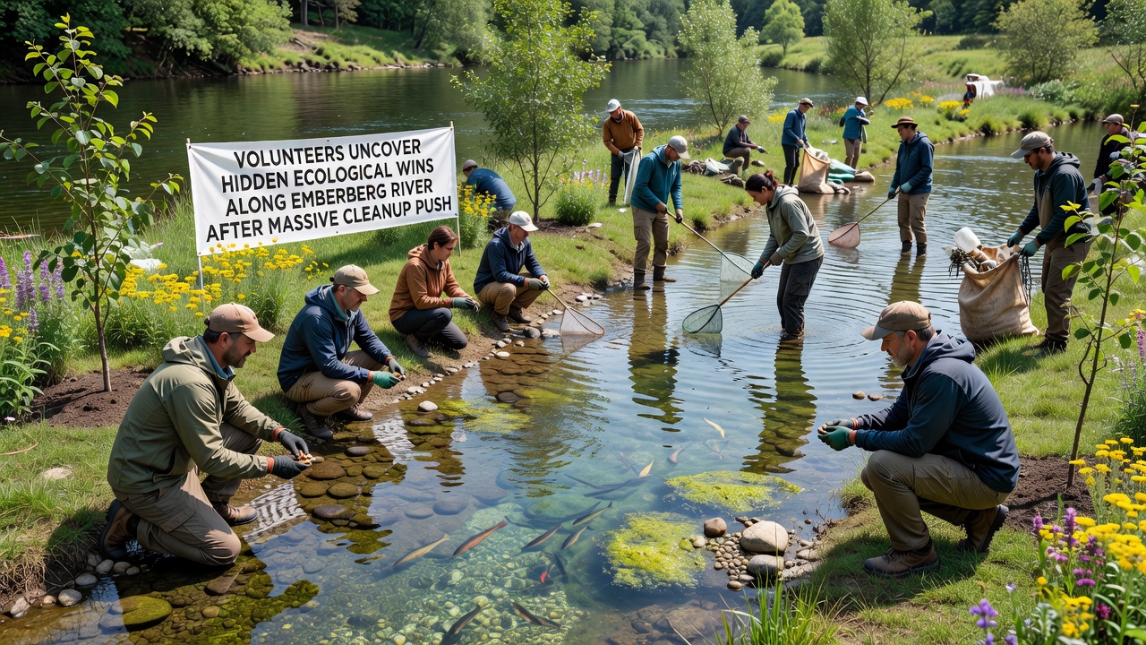 Close-up view of recovering wetland vegetation and aquatic life along the Emberberg River